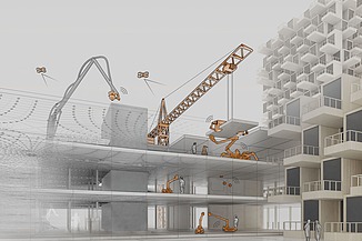 Visualisierung von robotische Montageverfahren und digitale Assistenzsysteme für den Bau von mehrgeschossigen Gebäuden.