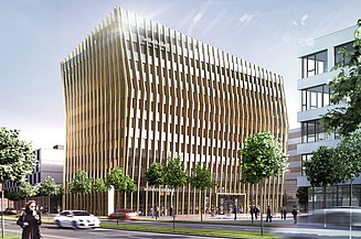Visualisierung eines neues Bürogebäudes auf der Businessmile in Freiburg. 
