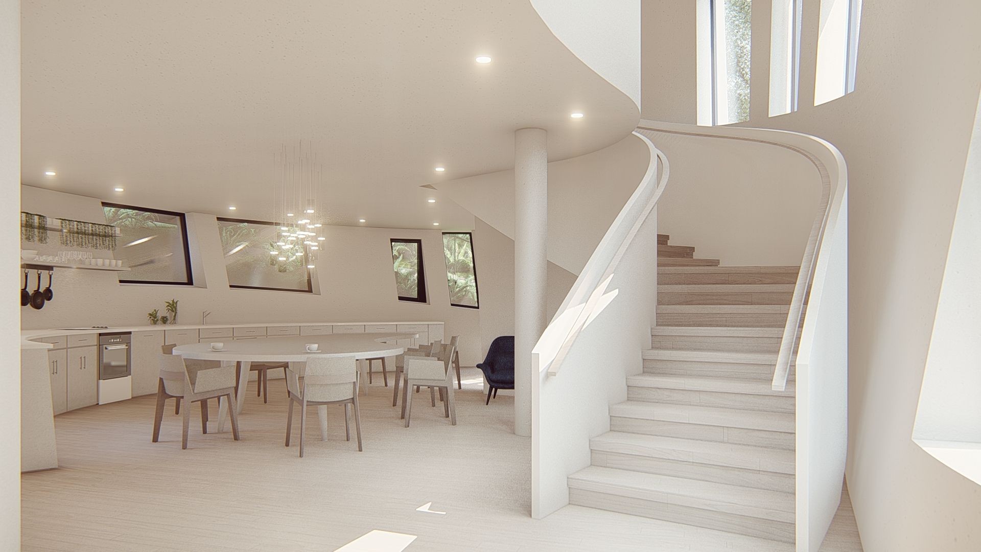 Visualisierung vom neuen Maggie’s Centre am Royal Free Hospital von innen. Es ist eine Treppe zu sehen und Tische und Stühle.  