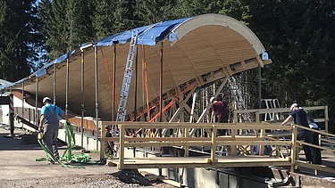 Foto von einer Baustelle im Wald, wo eine Überdachung aus Holz gebaut wird.      