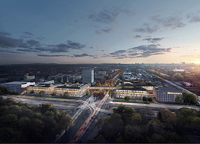 Visualisierung einer Stadt aus der Vogelperspektive, mit Blick auf die neuen Bürogebäude.  