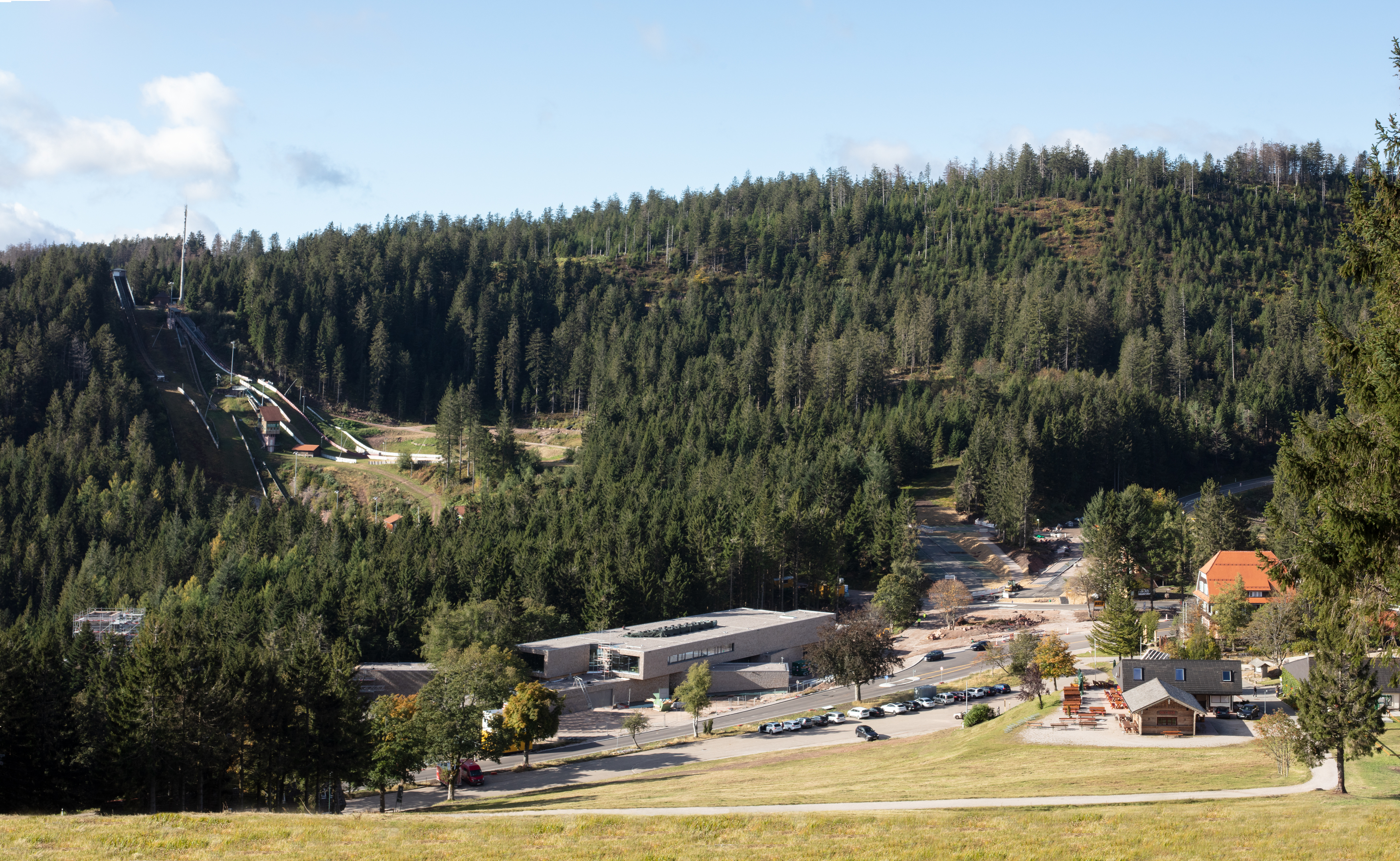 Foto von einem Wald in der Totalaufnahmen. Es erstreckt sich eine Straße und eine Seilbahn durch den Wald. 