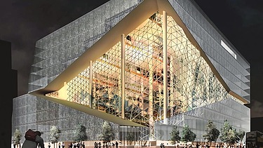 Visulisierung des Axel-Springer-Neubau bei Nacht. Zusehen ist eine große Fensterfront die mit vier, von rechts nach links, kleiner werdenden Säulen gestützt wird. Durch die Fenster scheint ein goldenes Licht. Aufgebaut ist es wie ein Block. Der restliche Bereich ist eine graue Wand.      