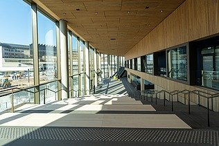 Picture of an interior, on the left a glass front through which the sun shines