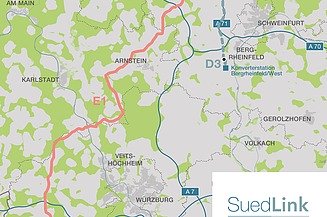 Ein gemeinsames Projekt-Team von STRABAG-Einheiten aus Bayern und Baden-Württemberg wird die Bauarbeiten für das rund 70 Kilometer lange Stromtrassen-Teilstück (rot) verantworten und umsetzen.