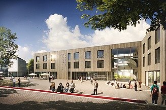 Visualisierung von einer Universität, mit Blick auf den Eingang. 
