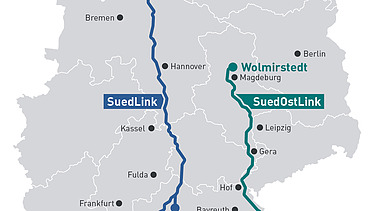 Karte von Deutschland vom geplanten Netzausbau für Gleichstromleitung.  