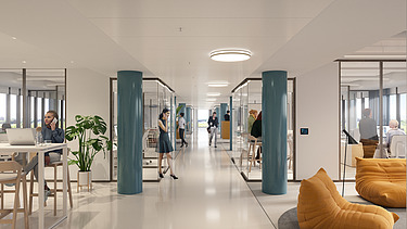 Rendering of the modern office environment at Arne Jacobsen Haus, Hamburg  
