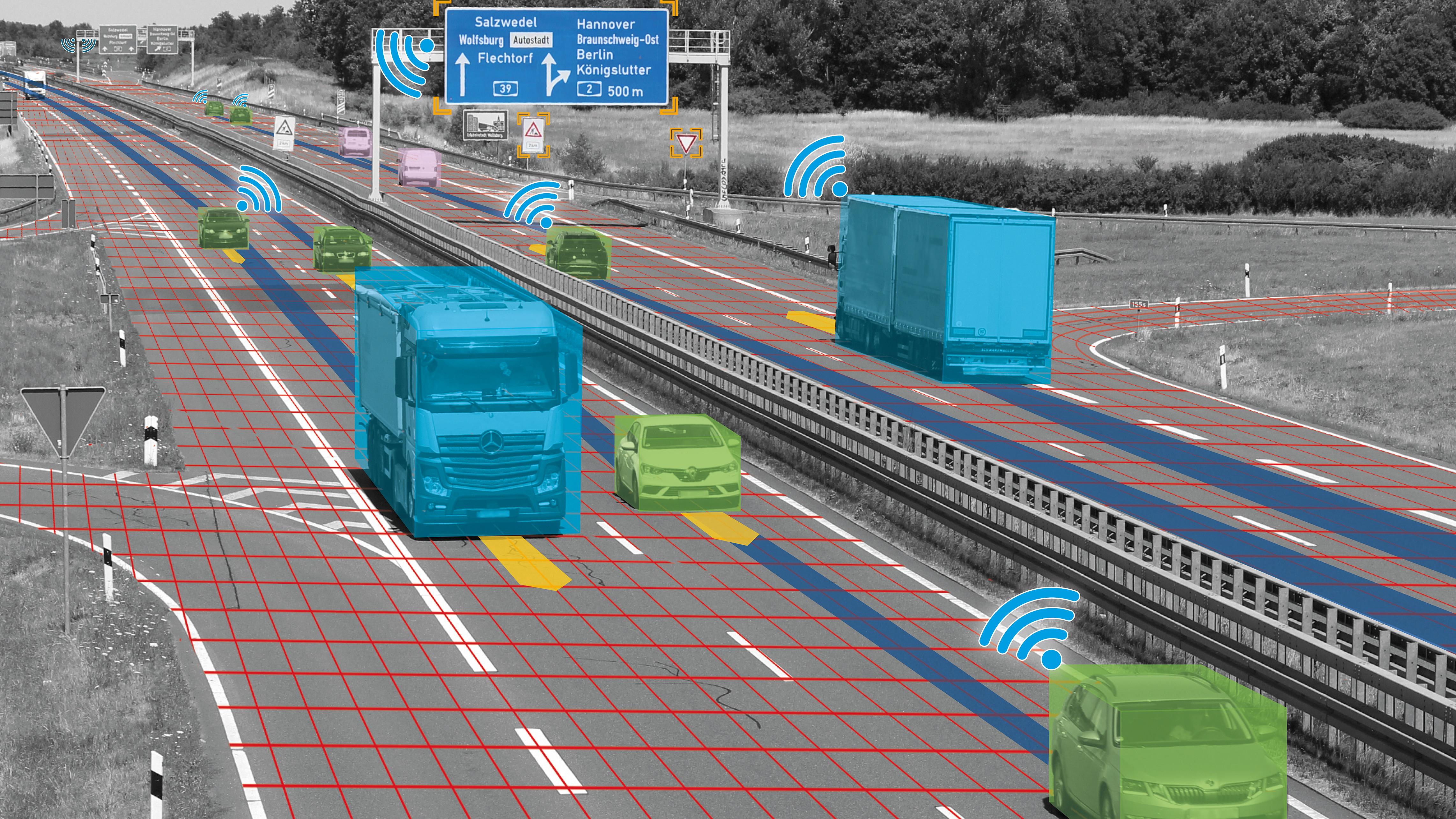 Visualisierung einer vierspurigen Autobahn mit mehreren Fahrzeugen