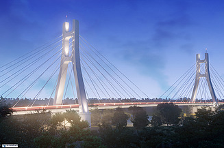 Photo of a cable-stayed bridge under a blue sky