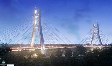 Photo of a cable-stayed bridge under a blue sky
