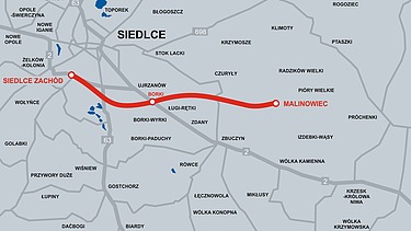 Map showing the route of the new section of the A2 in Poland
