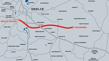Map showing the route of the new section of the A2 in Poland