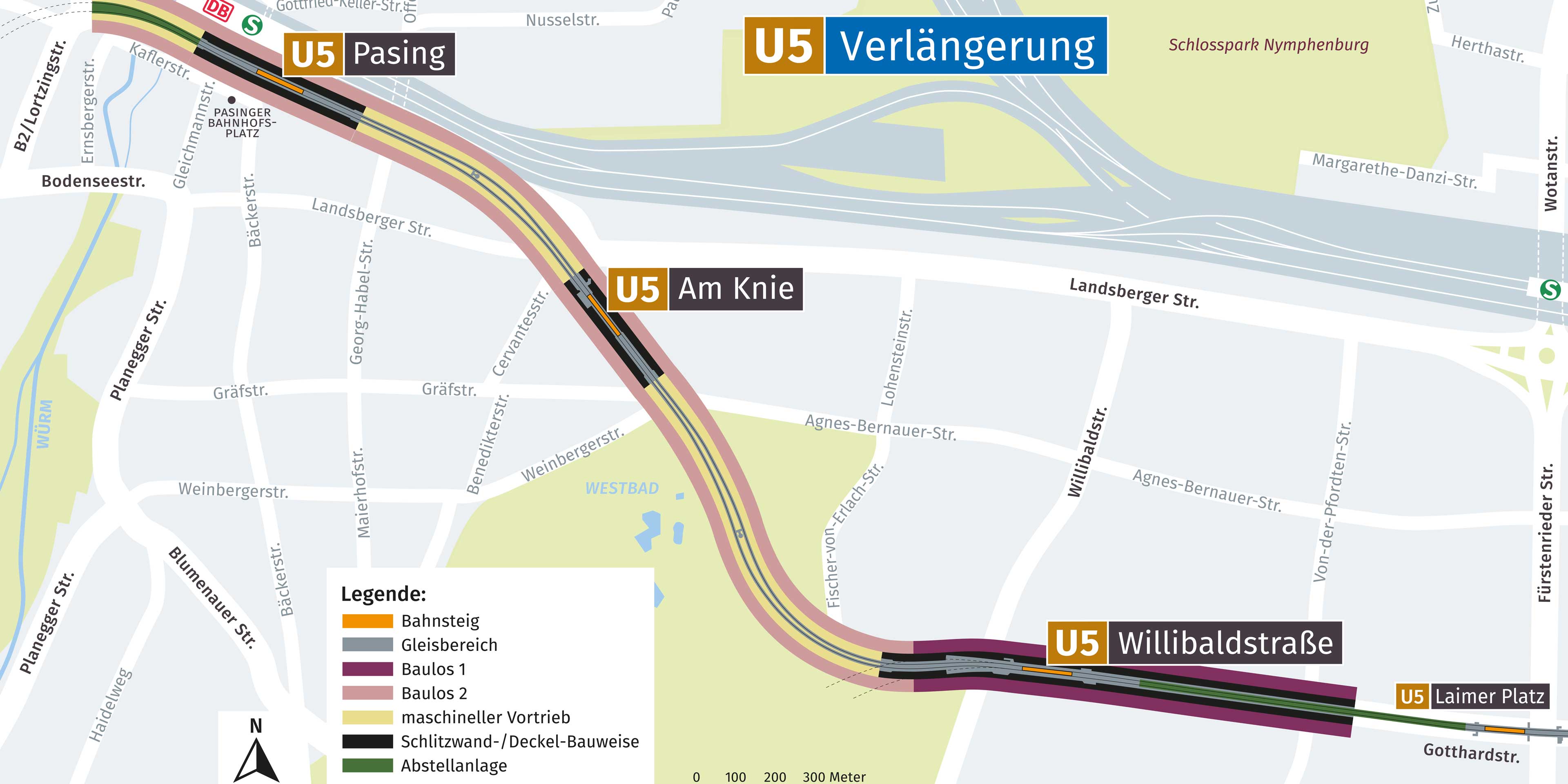 Karte von der U-Bahn-Linie 5-West von Laim nach Pasing.