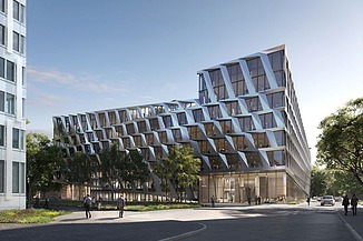 Visualisierung vom „ONE PLAZA“ in Düsseldorf mit Blick von der Straße.    