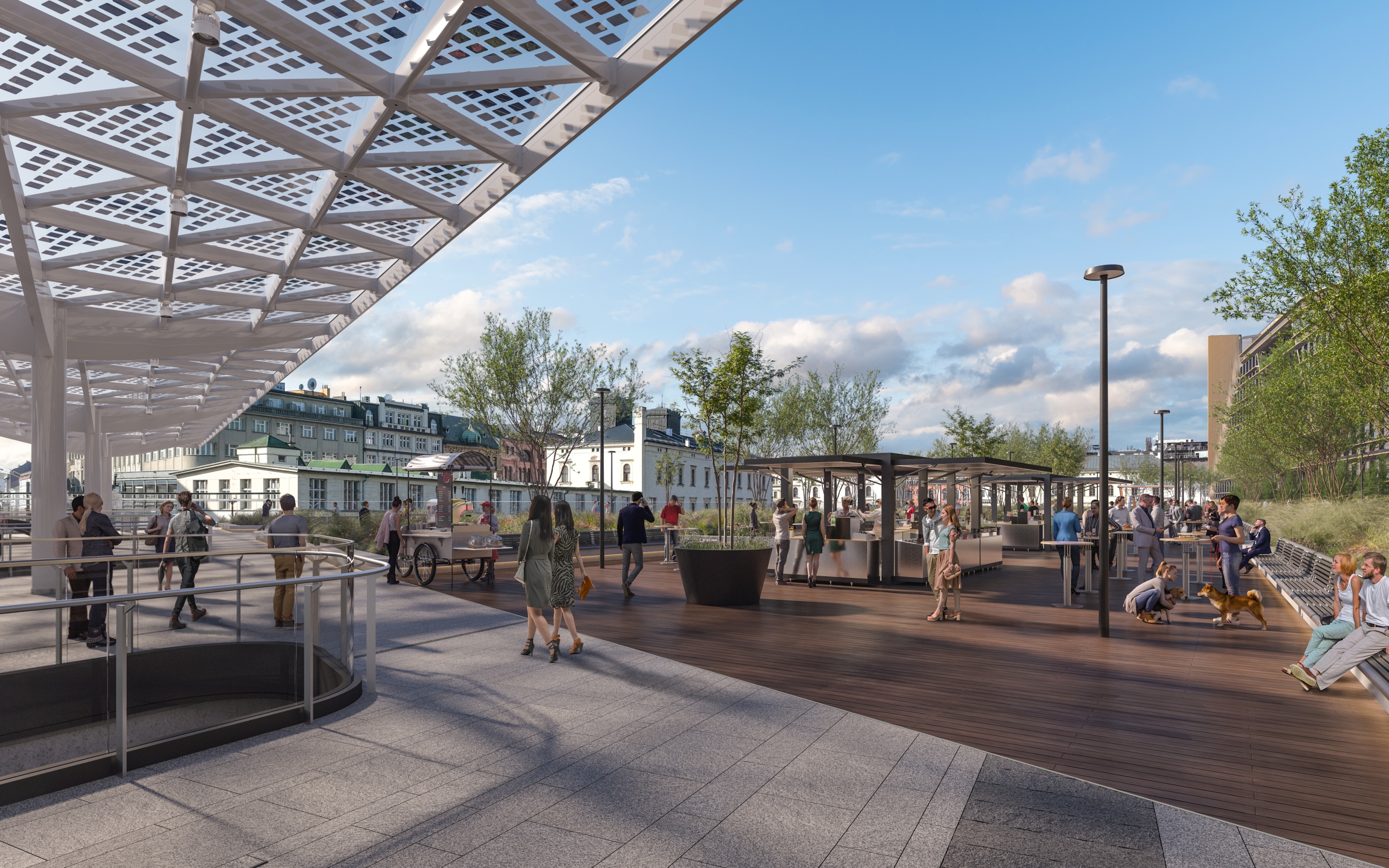 Photo of a forecourt and sidewalk, which is covered with a modern steel framework