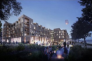 Photo of a new residential and senior center under blue sky