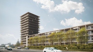 Visualisierung vom Holzhybrid-Hochhaus CARL in Pforzheim mit Blick von der Straße. 