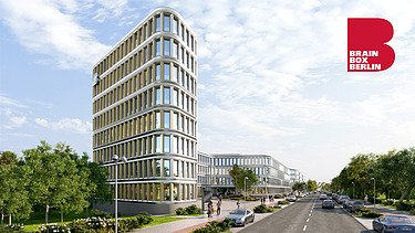 Visulisierung des BRAIN BOX BERLIN aus der Seitenansicht mit Blick auf die Straße.