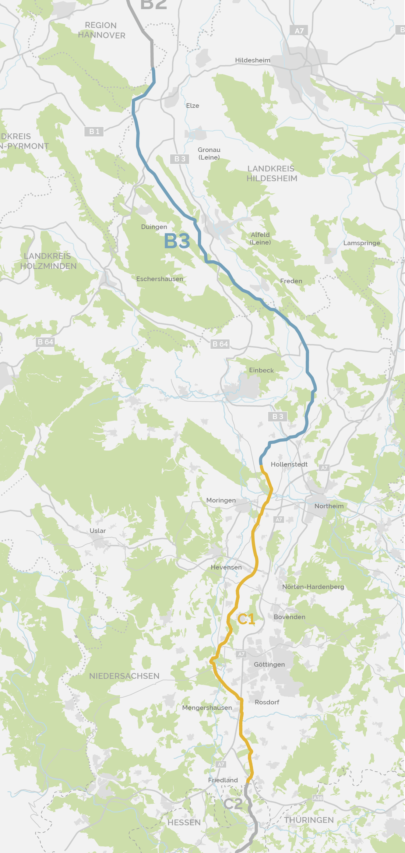 Landkarte des SuedLink-Abschnitts zwischen Elze und Friedland im Süden Niedersachsens.