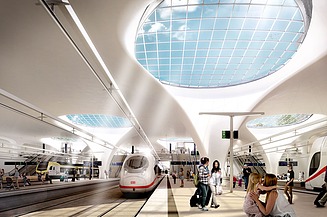 Unterirdische Bahnsteighalle des Stuttgarter Tiefbahnhofs