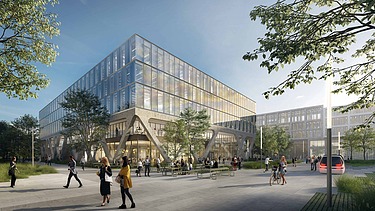 Visualisierung vom Airport Academy/LabCampus am Flughafen München von außen.