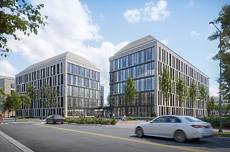 Visualisierung vom Medizin Campus der Universität zu Kiel, mit Blick von der Straße. 