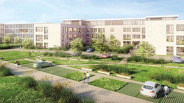 Visualisierung vom dreiteiligen Büro-Neubaukomplex mit Blick auf Grünflächen und dem Parkplatz. 