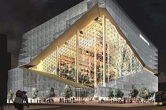 Visulisierung des Axel-Springer-Neubau bei Nacht. Zusehen ist eine große Fensterfront die mit vier, von rechts nach links, kleiner werdenden Säulen gestützt wird. Durch die Fenster scheint ein goldenes Licht. Aufgebaut ist es wie ein Block. Der restliche Bereich ist eine graue Wand.      