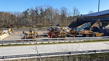 Das Bild zeigt die seitliche Ansicht von mehreren Straßenbaumaschinen beim Einbau einer Betondecke