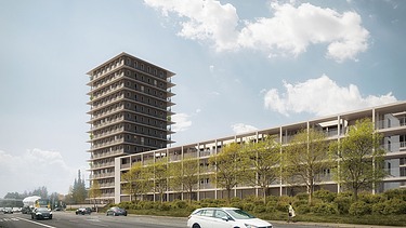 Visualisierung des Holzhybrid-Hochhaus CARL, mit Blick von der Straße. 