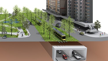 Visualisierung des zweispurigen Straßentunnels Kriegsstraße in der Karlsruher Innenstadt