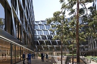 Visualisierung vom „ONE PLAZA“ in Düsseldorf mit Blick auf den Innenhof.    