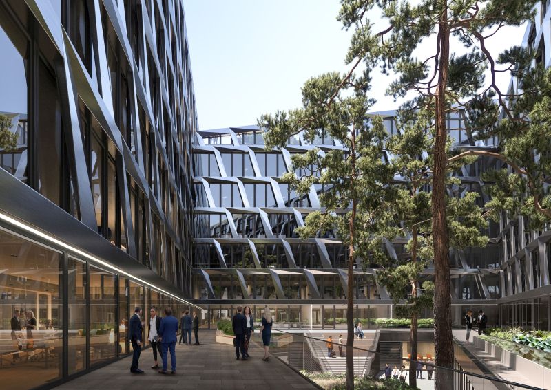 Visualisierung vom „ONE PLAZA“ in Düsseldorf mit Blick auf den Innenhof.    