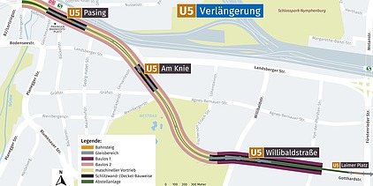 Karte von der U-Bahn-Linie 5-West von Laim nach Pasing.
