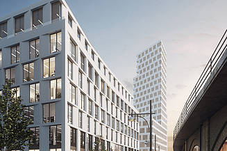 Illustration vom ZÜBLIN Hotel Alexander-Quartier mit Blick von der Seite. 