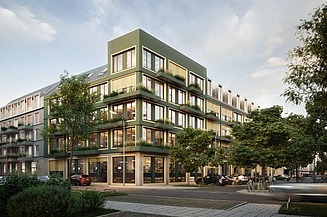 Visualisierung vom VINZENT Gebäude mit Blick von der Straße. 