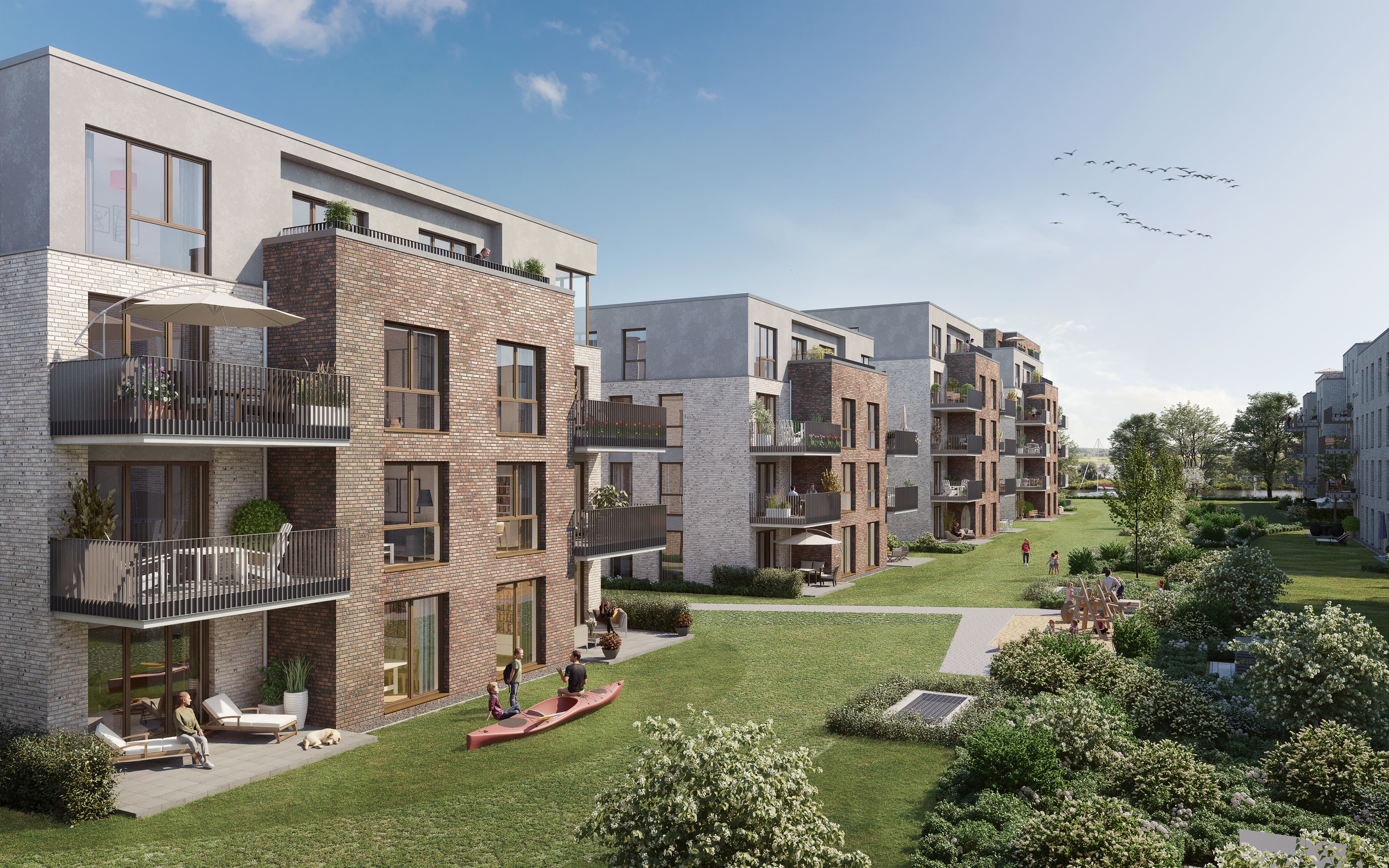 Visualisierung von Wohngebäuden. Glückliche Personen sind vor den Häusern zusehen.   