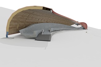 Visualisierung von einem Model, dass eine Überdachte Kurve einer Rennschlittenbahn zeigt.    