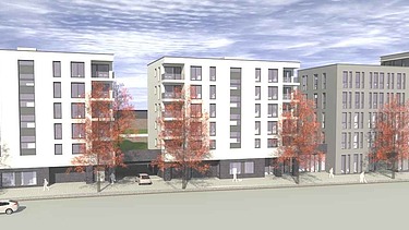 Illustration des zukünftigen Wohn- und Gewerbequartiers an der Welfenstraße von der Seite. 