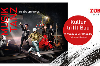 Flyer vom Jubiläumsprogramm vom ZÜBLIN-Haus. Auf dem Flyer sind verschiedene Künstler, mit einem Hinweis für mehr Informationen. 