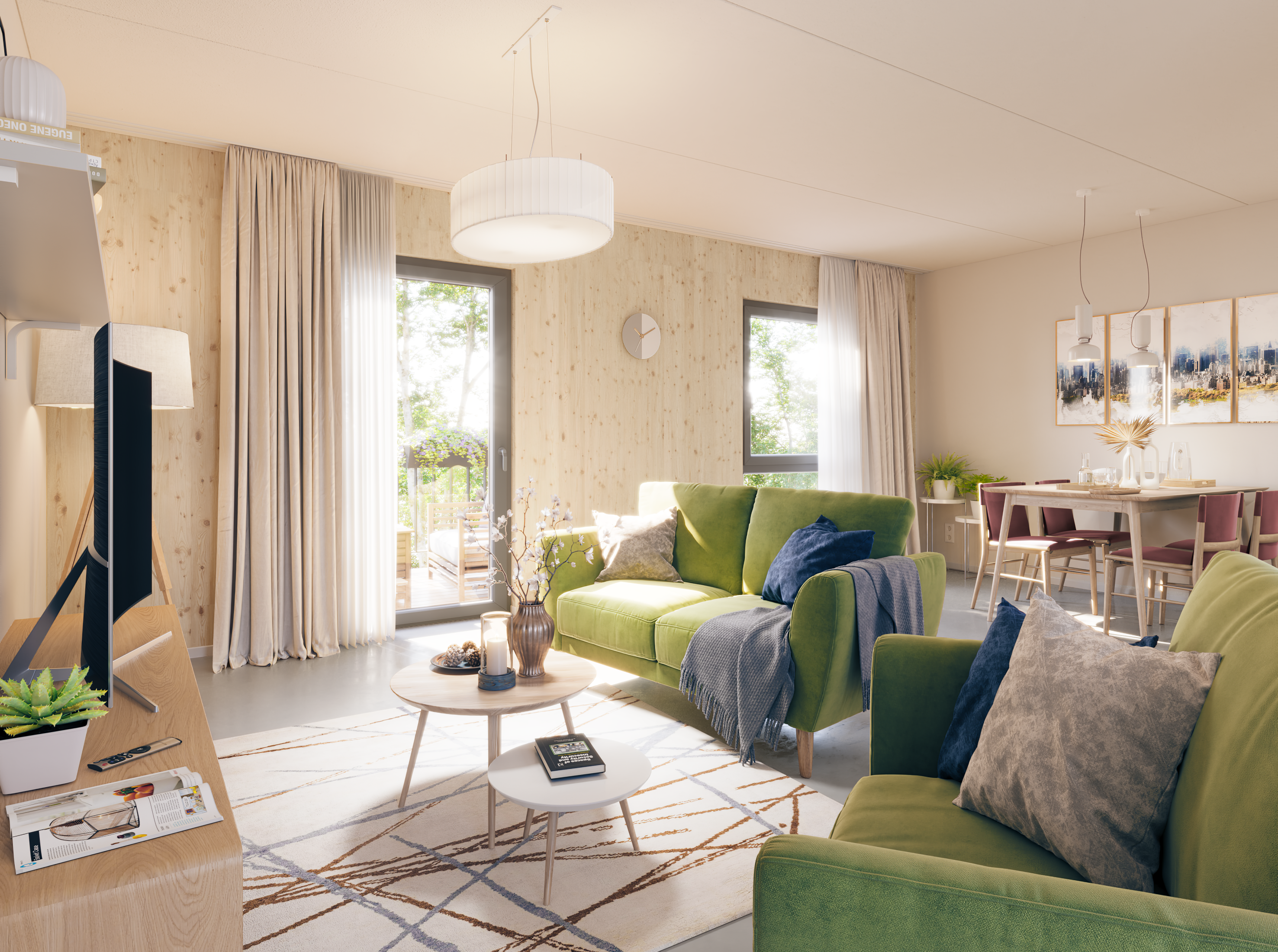 Visualisierung von Wohngebäuden mit dem Holz-Hybrid-Bausystem, von innen.  