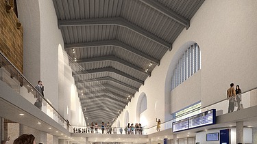 Visualisierung vom inneren eines Bahnhof in der Eingangshalle. 