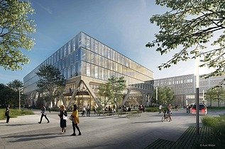 Visualisierung vom Airport Academy/LabCampus am Flughafen München von außen.
