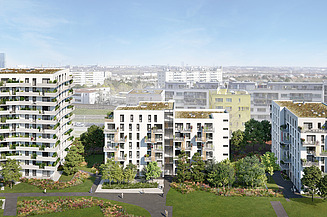 Photo of several new residential buildings, in front of a green meadow