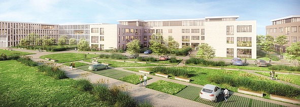 Visualisierung vom dreiteiligen Büro-Neubaukomplex mit Blick auf Grünflächen und dem Parkplatz. 