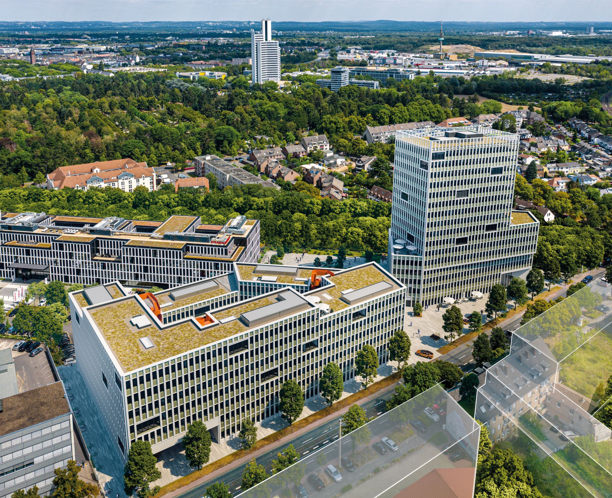 Luftaufnahme vom Büroensemble Mattes & Düxx in Köln-Deutz.