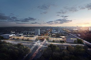 Visualisierung einer Stadt aus der Vogelperspektive, mit Blick auf die neuen Bürogebäude.  