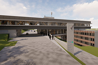 Visualisierung von einem Bürogebäude, dass eine Brücke hat, die über eine befahrende Straße geht. 