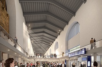Visualisierung vom inneren eines Bahnhof in der Eingangshalle. 